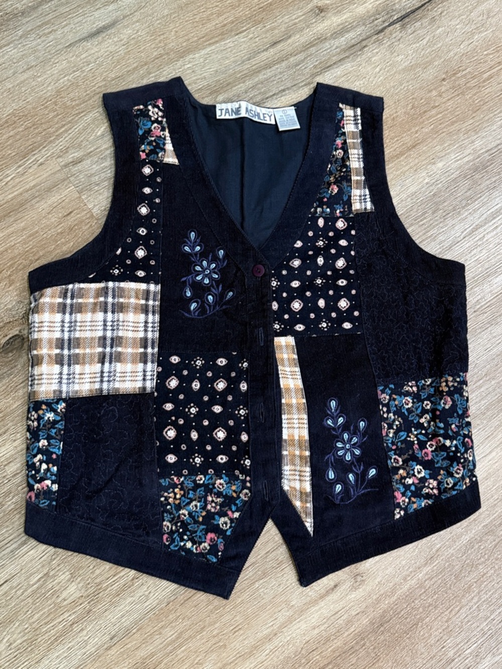 Jane Ashley Navy Blue Patchwork Corduroy Vest with Floral & Plaid Cottage Core